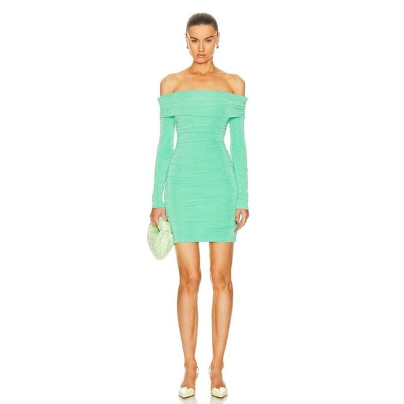 SER.O.YA Windsor Dress Pistachio Green Ruched Off Shoulder - Picture 2 of 4